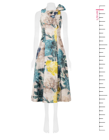 Rinascimento Duchesse Structured Satin Midi Dress with Bow and Pockets – Teal Blue