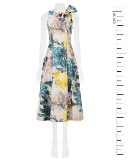 Rinascimento Duchesse Structured Satin Midi Dress with Bow and Pockets – Teal Blue