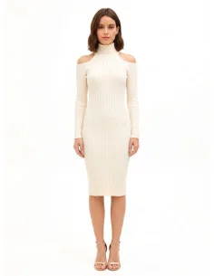 Fitted Ribbed Knit Midi Dress with Shoulder Cut-Outs Rinascimento