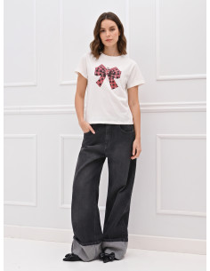 T-shirt en coton avec imprimé nœud tartan orné de strass Rinascimento