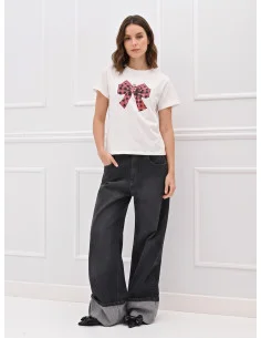 Cotton T-Shirt With Tartan Bow Print Embellished With Rhinestones Rinascimento