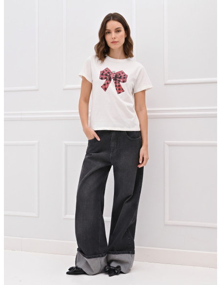 Cotton T-Shirt With Tartan Bow Print Embellished With Rhinestones Rinascimento