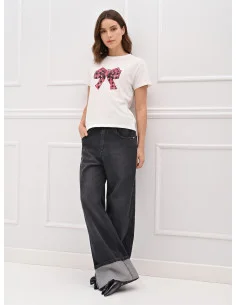 Cotton T-Shirt With Tartan Bow Print Embellished With Rhinestones Rinascimento 2