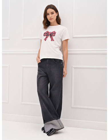 Cotton T-Shirt With Tartan Bow Print Embellished With Rhinestones Rinascimento