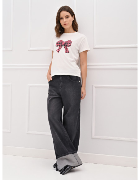 Cotton T-Shirt With Tartan Bow Print Embellished With Rhinestones Rinascimento
