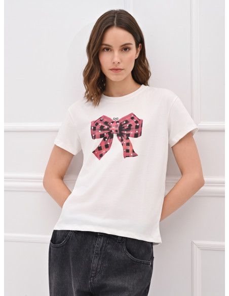 Cotton T-Shirt With Tartan Bow Print Embellished With Rhinestones Rinascimento