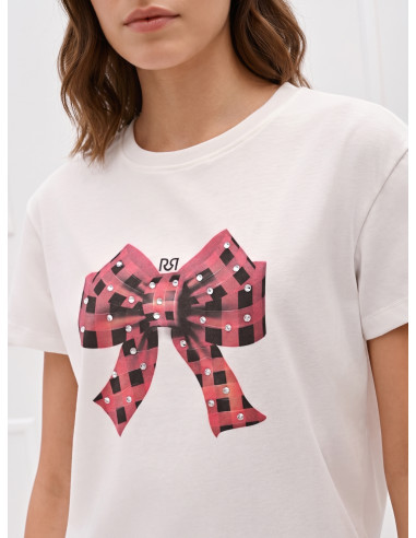Cotton T-Shirt With Tartan Bow Print Embellished With Rhinestones Rinascimento
