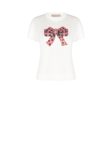 Cotton T-Shirt With Tartan Bow Print Embellished With Rhinestones Rinascimento
