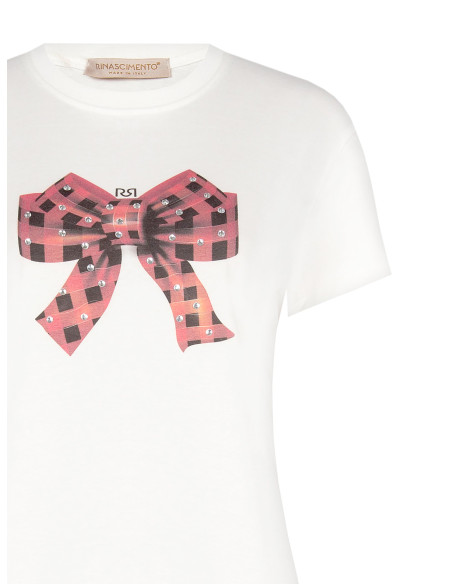 Cotton T-Shirt With Tartan Bow Print Embellished With Rhinestones Rinascimento