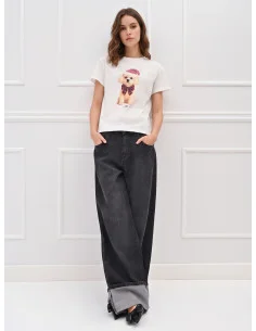 Cotton T-Shirt with Christmas Puppy Print and Rhinestones Rinascimento