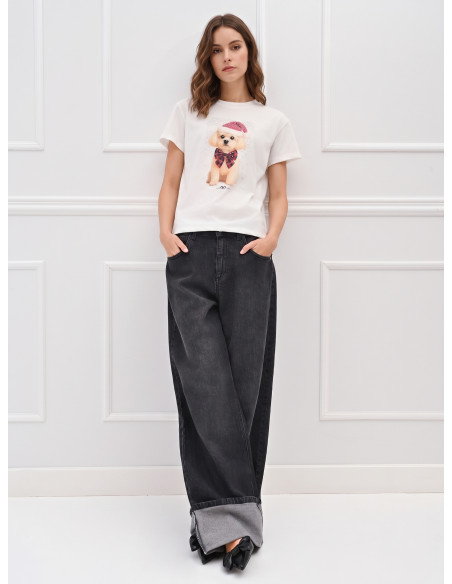 Cotton T-Shirt with Christmas Puppy Print and Rhinestones Rinascimento