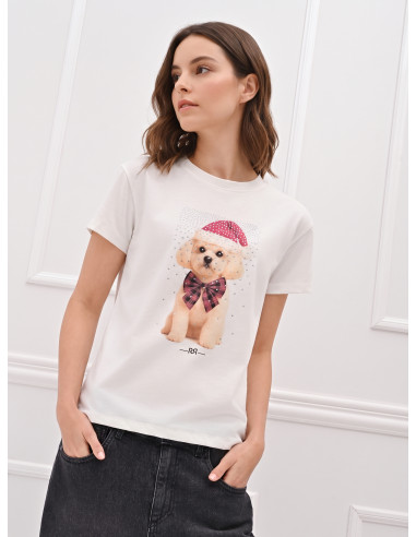 Cotton T-Shirt with Christmas Puppy Print and Rhinestones Rinascimento