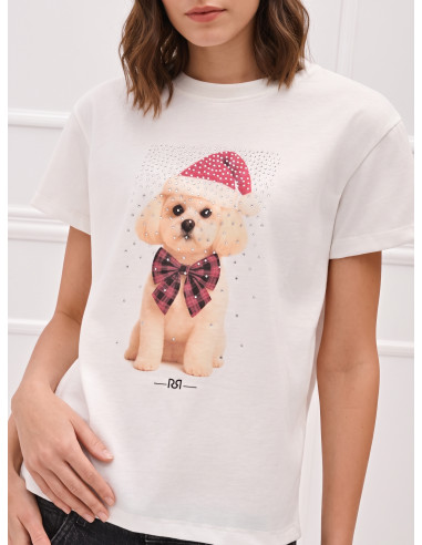 Cotton T-Shirt with Christmas Puppy Print and Rhinestones Rinascimento