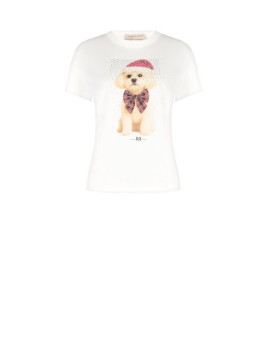Cotton T-Shirt with Christmas Puppy Print and Rhinestones Rinascimento