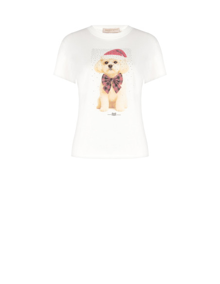 Cotton T-Shirt with Christmas Puppy Print and Rhinestones Rinascimento