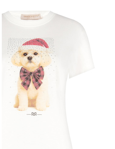 Cotton T-Shirt with Christmas Puppy Print and Rhinestones Rinascimento