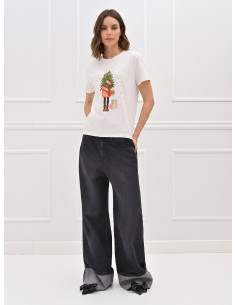 T-shirt regular en coton avec imprimé sapin de Noël et strass Rinascimento