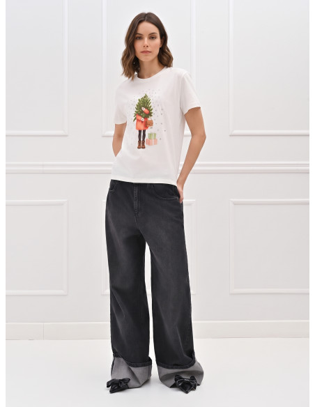 T-shirt regular en coton avec imprimé sapin de Noël et strass Rinascimento