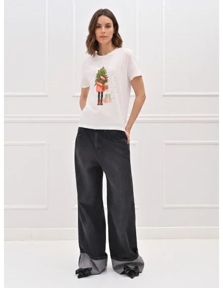 Regular-Fit Cotton T-Shirt with Christmas Tree and Rhinestone Print Rinascimento