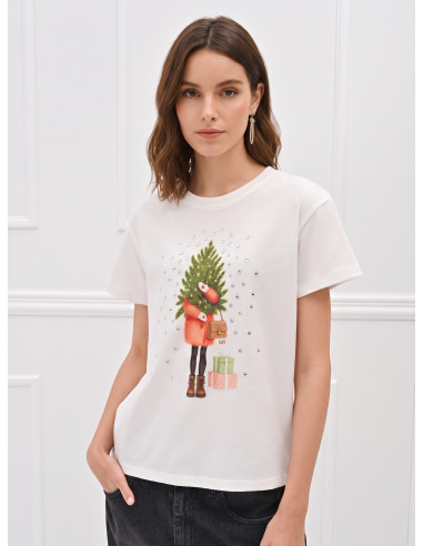 T-shirt regular en coton avec imprimé sapin de Noël et strass Rinascimento
