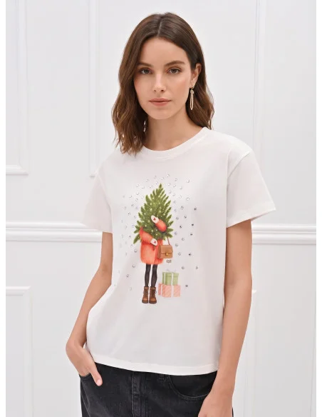 Regular-Fit Cotton T-Shirt with Christmas Tree and Rhinestone Print Rinascimento