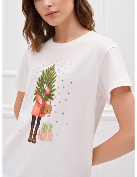 T-shirt regular en coton avec imprimé sapin de Noël et strass Rinascimento