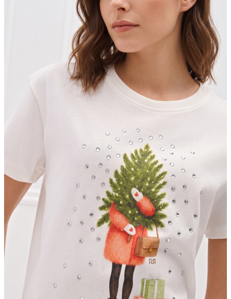 T-shirt regular en coton avec imprimé sapin de Noël et strass Rinascimento