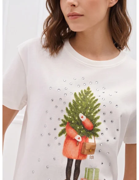 Regular-Fit Cotton T-Shirt with Christmas Tree and Rhinestone Print Rinascimento