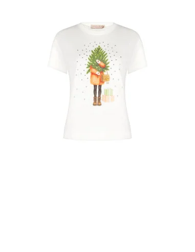 Regular-Fit Cotton T-Shirt with Christmas Tree and Rhinestone Print Rinascimento