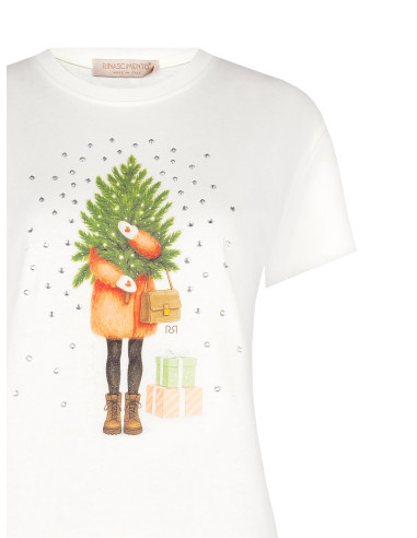 T-shirt regular en coton avec imprimé sapin de Noël et strass Rinascimento