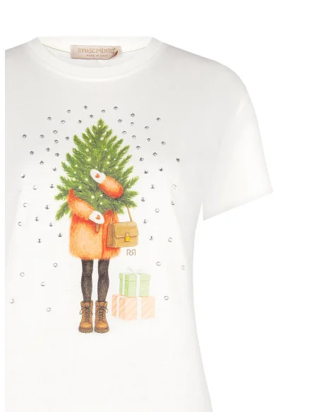 Regular-Fit Cotton T-Shirt with Christmas Tree and Rhinestone Print Rinascimento