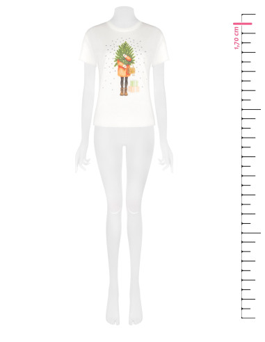 T-shirt regular en coton avec imprimé sapin de Noël et strass Rinascimento