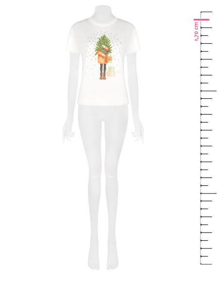 T-shirt regular en coton avec imprimé sapin de Noël et strass Rinascimento