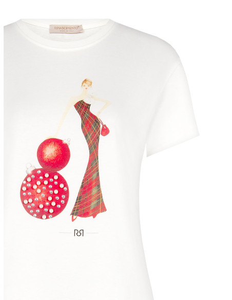 Cotton T-Shirt with Christmas-Themed Print Rinascimento