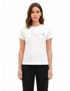 T-shirt regular en coton avec slogan et cristaux cabochon Rinascimento - Blanc crème