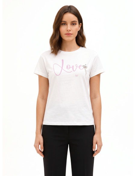 Regular-Fit Cotton T-Shirt with Slogan and Cabochon Crystals Rinascimento - Off-White