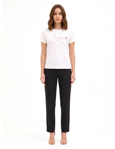 Regular-Fit Cotton T-Shirt with Slogan and Cabochon Crystals Rinascimento - Off-White