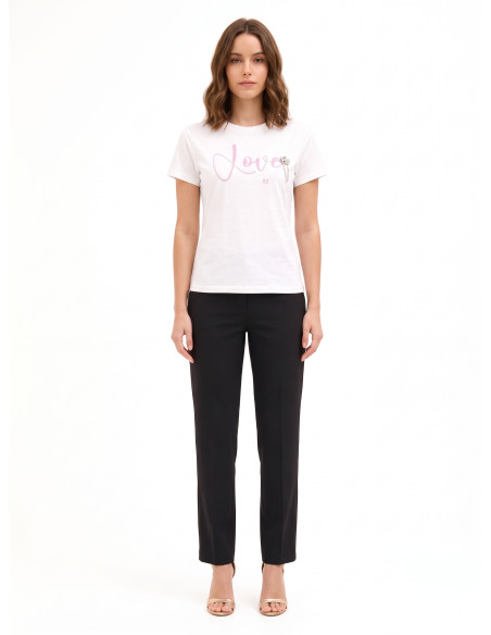 Regular-Fit Cotton T-Shirt with Slogan and Cabochon Crystals Rinascimento - Off-White