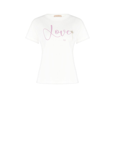 Regular-Fit Cotton T-Shirt with Slogan and Cabochon Crystals Rinascimento - Off-White