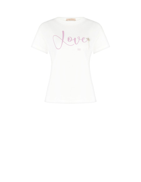 Regular-Fit Cotton T-Shirt with Slogan and Cabochon Crystals Rinascimento - Off-White