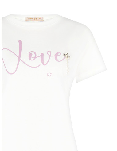 Regular-Fit Cotton T-Shirt with Slogan and Cabochon Crystals Rinascimento - Off-White