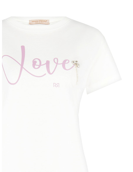 Regular-Fit Cotton T-Shirt with Slogan and Cabochon Crystals Rinascimento - Off-White