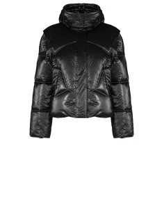 Short Laminated Puffer Jacket with Hood and Removable Sleeves Rinascimento - Black