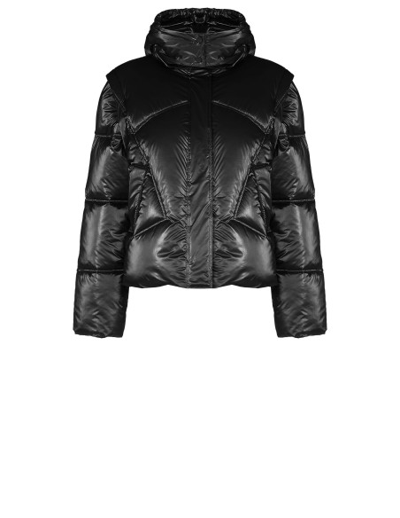 Short Laminated Puffer Jacket with Hood and Removable Sleeves Rinascimento - Black