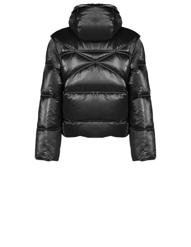 Short Laminated Puffer Jacket with Hood and Removable Sleeves Rinascimento - Black