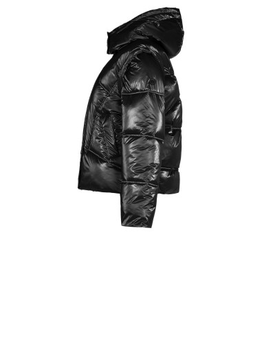 Short Laminated Puffer Jacket with Hood and Removable Sleeves Rinascimento - Black