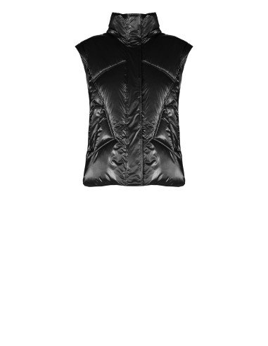 Short Laminated Puffer Jacket with Hood and Removable Sleeves Rinascimento - Black
