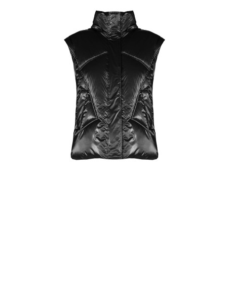 Short Laminated Puffer Jacket with Hood and Removable Sleeves Rinascimento - Black
