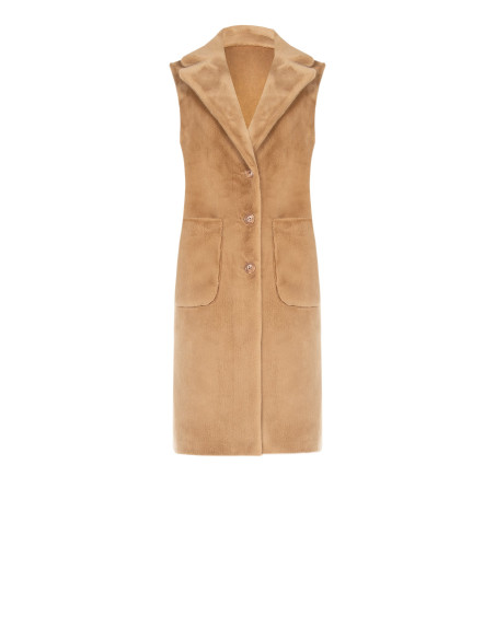 Manteau long sans manches réversible en suédine et fausse fourrure Rinascimento - Beige camel