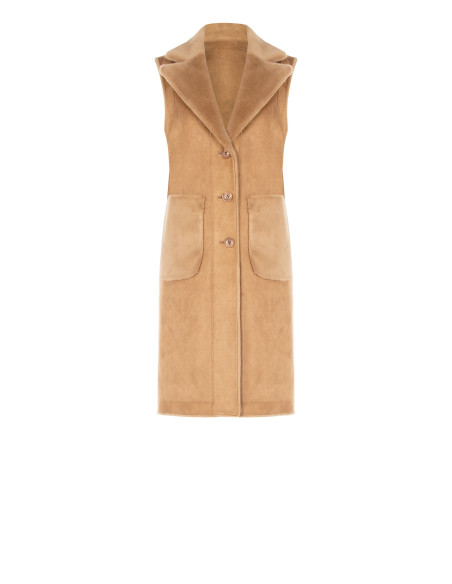 Manteau long sans manches réversible en suédine et fausse fourrure Rinascimento - Beige camel